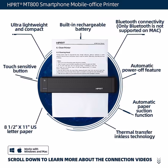MT800 Mini Mobile Portable Bluetooth Wifi USB A4 Paper Size Small Thermal Transfer Printer with Embedded Battery Office Document Printing