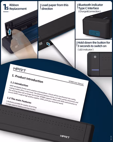 MT800 Mini Mobile Portable Bluetooth Wifi USB A4 Paper Size Small Thermal Transfer Printer with Embedded Battery Office Document Printing