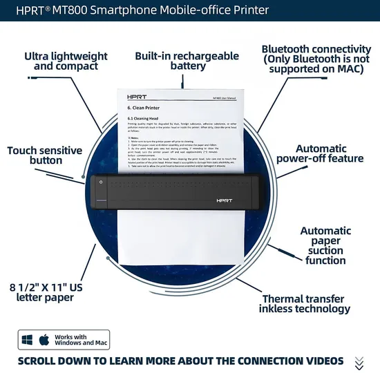 MT800 Mini Mobile Portable Bluetooth Wifi USB A4 Paper Size Small Thermal Transfer Printer with Embedded Battery Office Document Printing